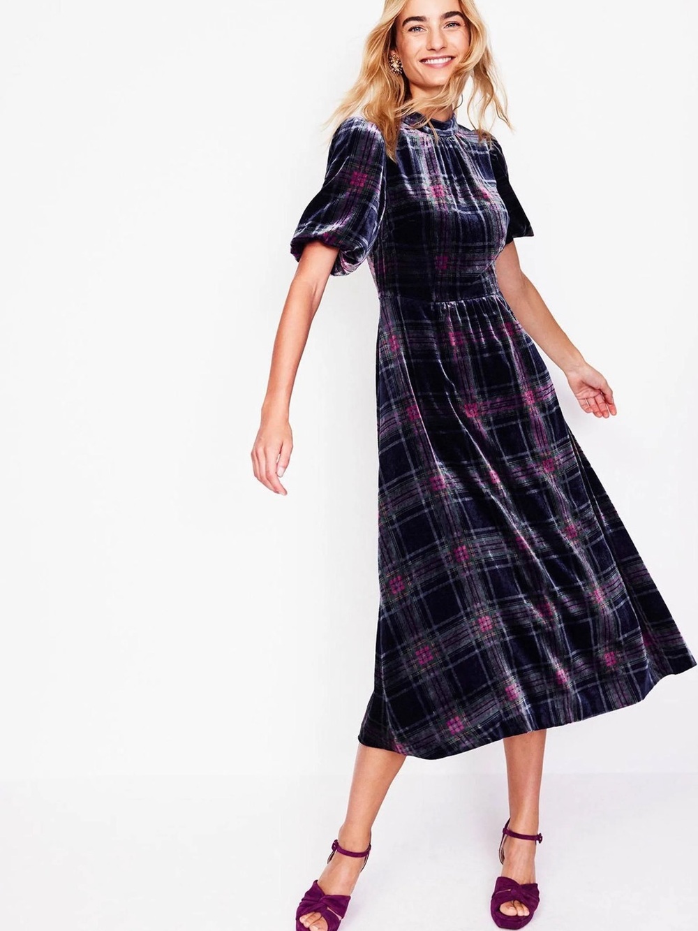 Boden High Neck Velvet Plaid Dress in Navy